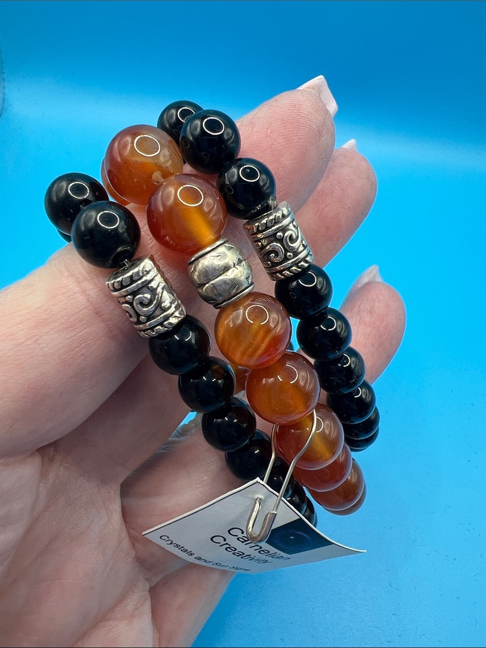 Carnelian & Black Agate Beaded Bracelet Stack